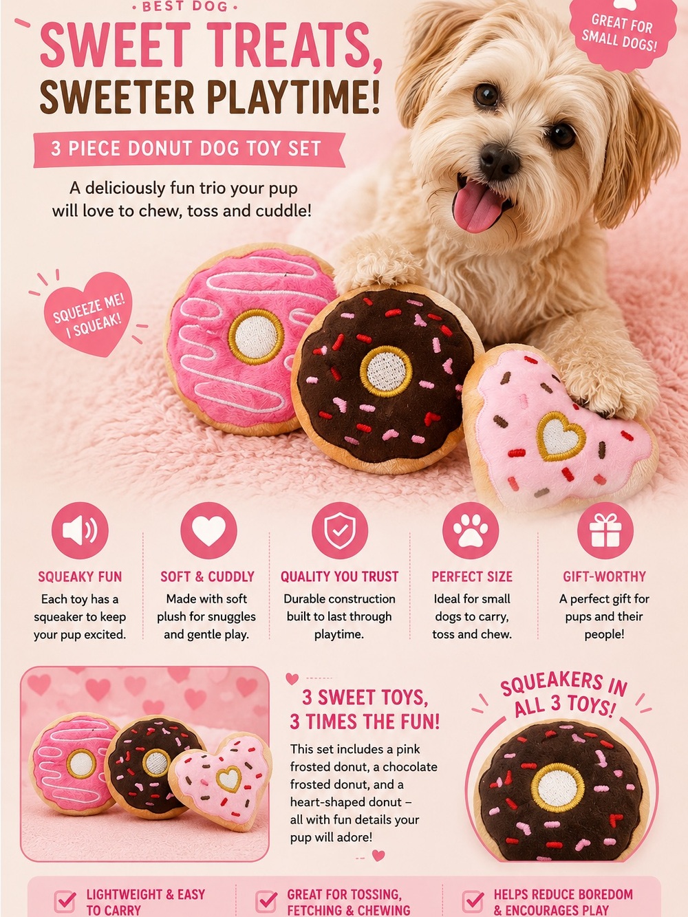 Fringe Studio Plush Donut Toy Trio - Pink, Brown, Light Pink